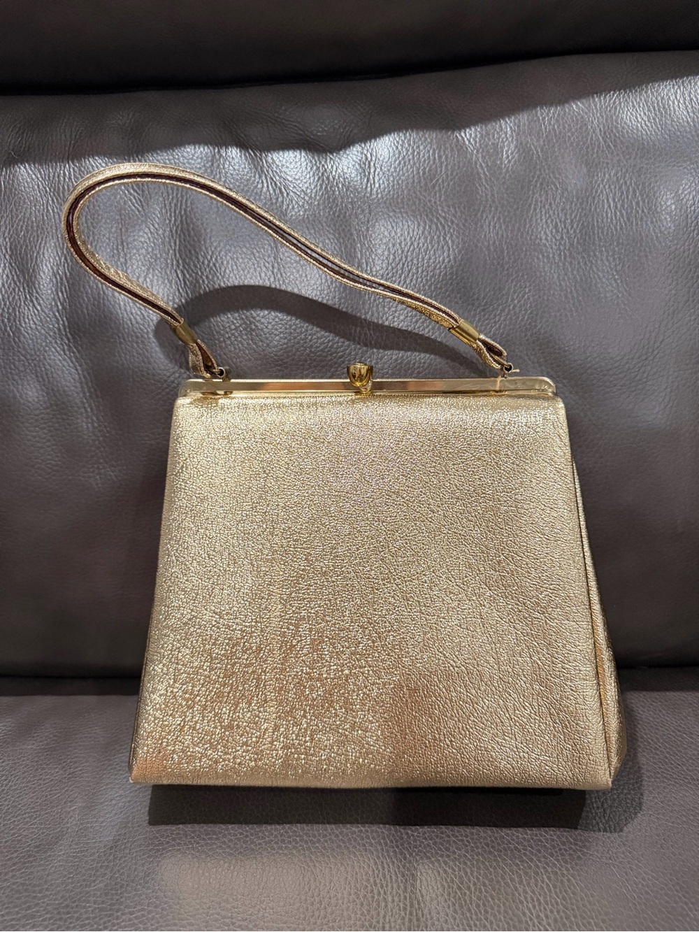 Vintage 1950s Gold Metallic Textured Frame Purse Top Handle Evening Bag